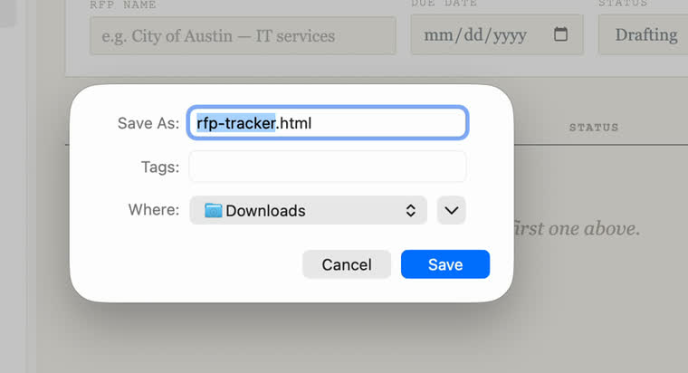 A macOS save dialog: rfp-tracker.html, saving to the Downloads folder.