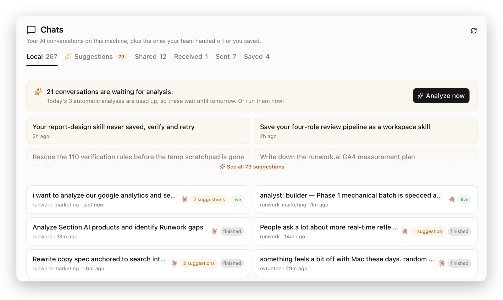 The Chats view showing suggestions drawn from recent conversations, such as saving a review pipeline as a workspace skill, alongside the local conversation list