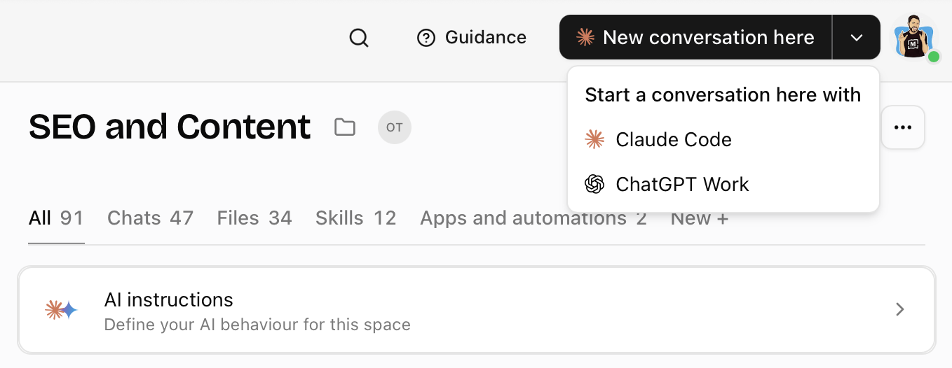 A space called SEO and Content in the Runwork desktop app, with the New conversation here menu open, offering to start a conversation in Claude Code or ChatGPT Work