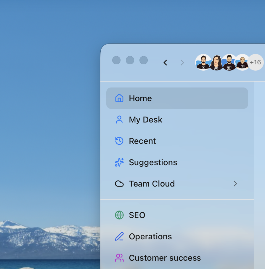 The Runwork desktop app on macOS with the Glass appearance, the wallpaper showing through its sidebar of Home, My Desk, Recent, Suggestions, Team Cloud and the team's spaces